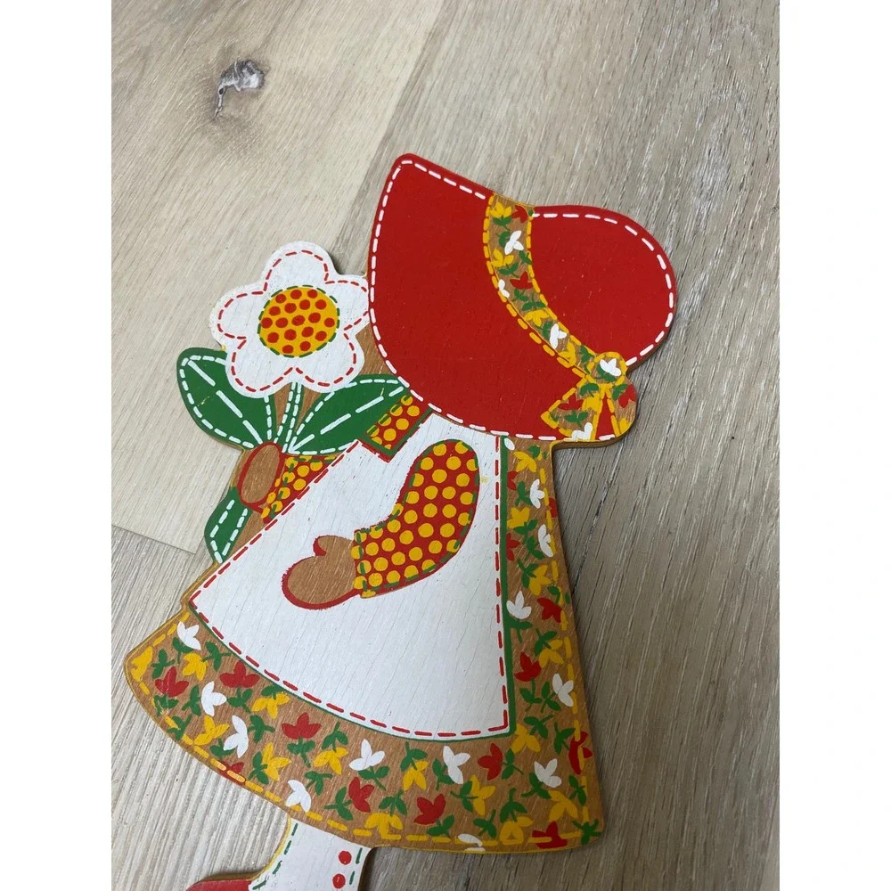 Vintage 70s Holly Hobbie Hallmark Wooden Wall Plaque Red Bonnet Girl Grannycore